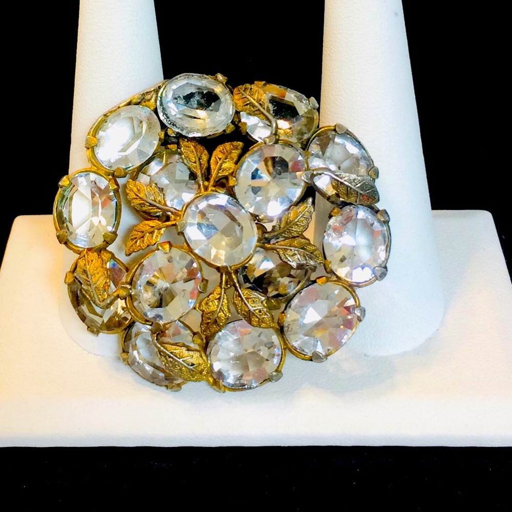 Antique Goldtone Crystal Circle Brooch
